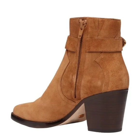 PAIGE Evelyn Suede Leather Heeled Bootie in Tan Size 10