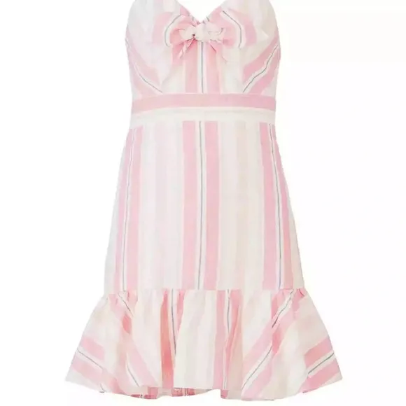 Parker women’s linen bow dany striped fit n flare mini dress size 2 pink white