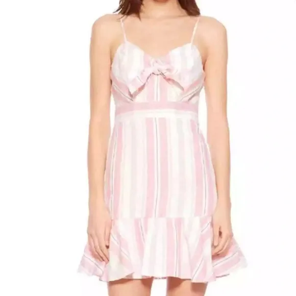 Parker women’s linen bow dany striped fit n flare mini dress size 2 pink white