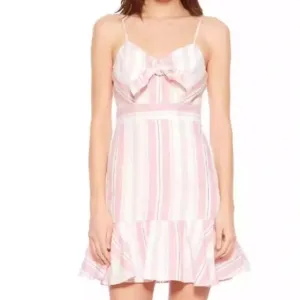 Parker women’s linen bow dany striped fit n flare mini dress size 2 pink white