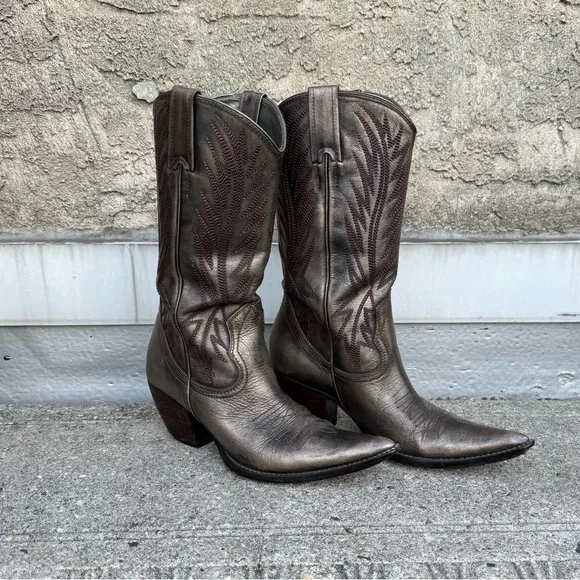 Penny Loves Kenny Pewter Metallic Leather Cowboy Boots Size 6