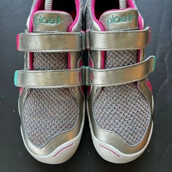 PLAE Ty Hematite Girls Size 4.5 Metallic Silver Pink Laceless Strap Sneakers