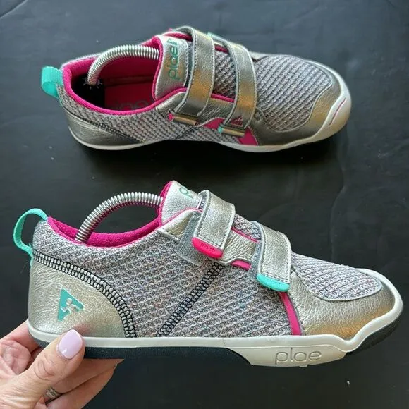 PLAE Ty Hematite Girls Size 4.5 Metallic Silver Pink Laceless Strap Sneakers