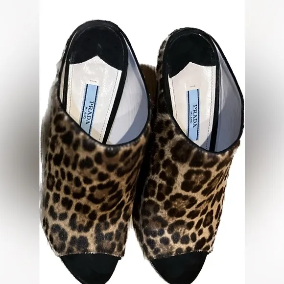 Prada Leopard - Print Dyed Calf Wedge Slides Size 37/7