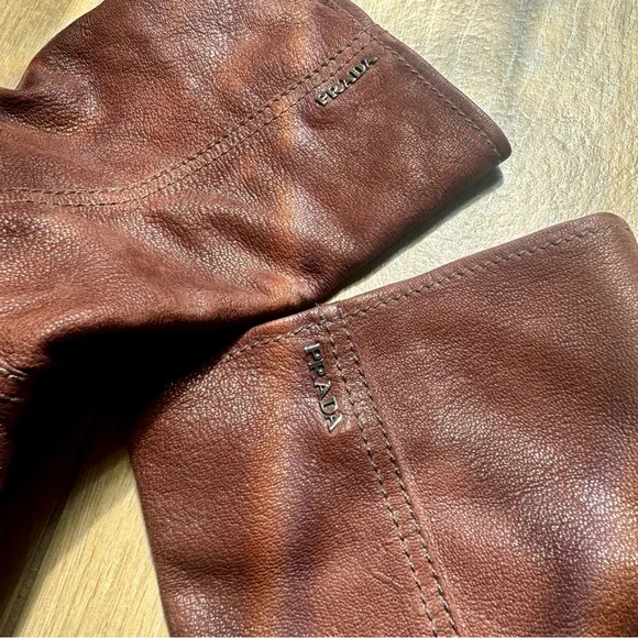 Prada Soft Brown Leather Wedge Mid Calf Boots Sz 38/7.5