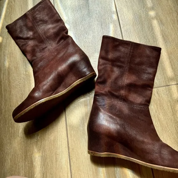Prada Soft Brown Leather Wedge Mid Calf Boots Sz 38/7.5