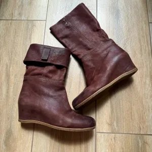 Prada Soft Brown Leather Wedge Mid Calf Boots Sz 38/7.5