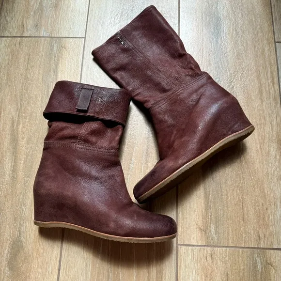 Prada Soft Brown Leather Wedge Mid Calf Boots Sz 38/7.5