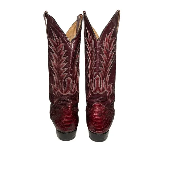 Pretal Vintage Burgundy Snake Skin Leather Western Cowboy Boots Design 8.5EE