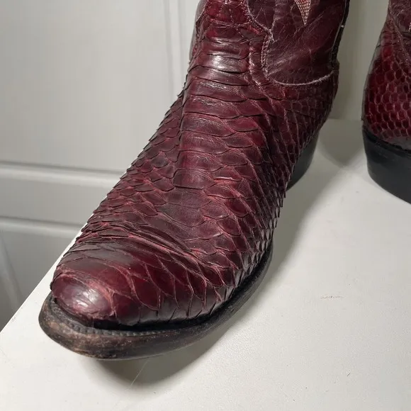Pretal Vintage Burgundy Snake Skin Leather Western Cowboy Boots Design 8.5EE