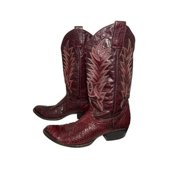 Pretal Vintage Burgundy Snake Skin Leather Western Cowboy Boots Design 8.5EE