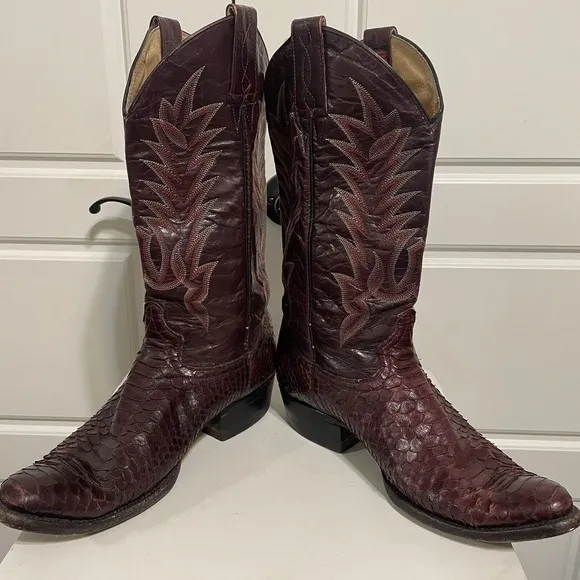 Pretal Vintage Burgundy Snake Skin Leather Western Cowboy Boots Design 8.5EE