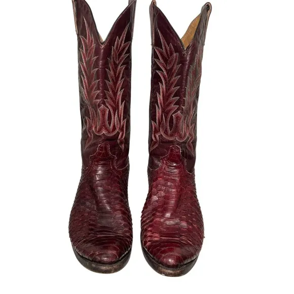 Pretal Vintage Burgundy Snake Skin Leather Western Cowboy Boots Design 8.5EE