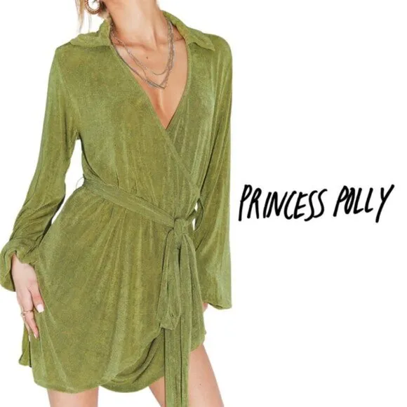 Princess Polly NWT Party Time Green Wrap Mini Dress Long Sleeve Low Impact - 2