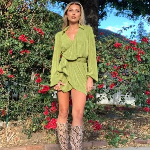 Princess Polly NWT Party Time Green Wrap Mini Dress Long Sleeve Low Impact - 2