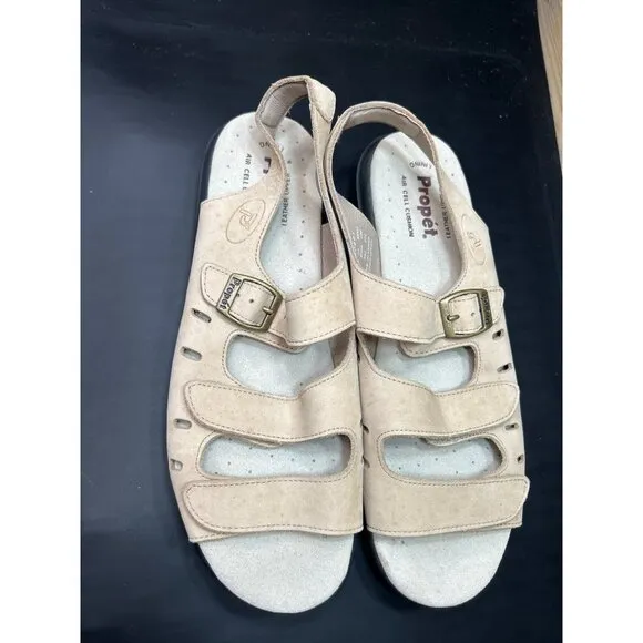 Propet Womens Leather Strap Sandals Size 10 M Beige Casual Comfort Footwear