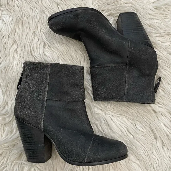 RAG &amp; BONE Black Coated Waxy Newbury Suede Heeled Ankle Boots EUC Size 37.5