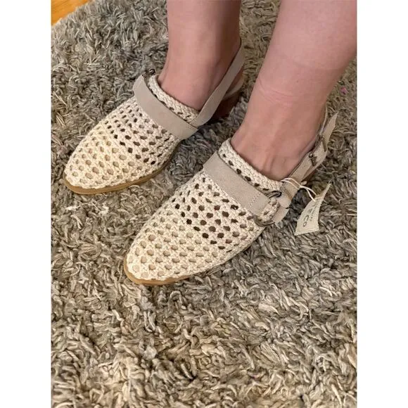 Rag &amp; Co Women's Slingback Mules Size 9 Cream Crochet w/ Block Heel