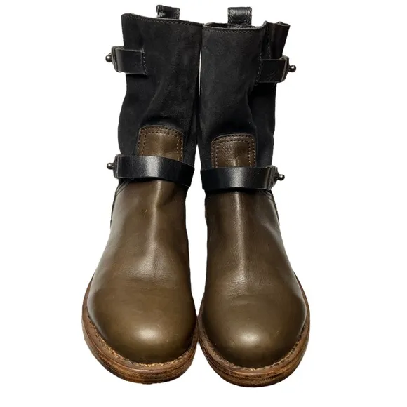 RAG AND BONE Two Tone Suede and Smooth Leather Strappy Moto Boots 8.5