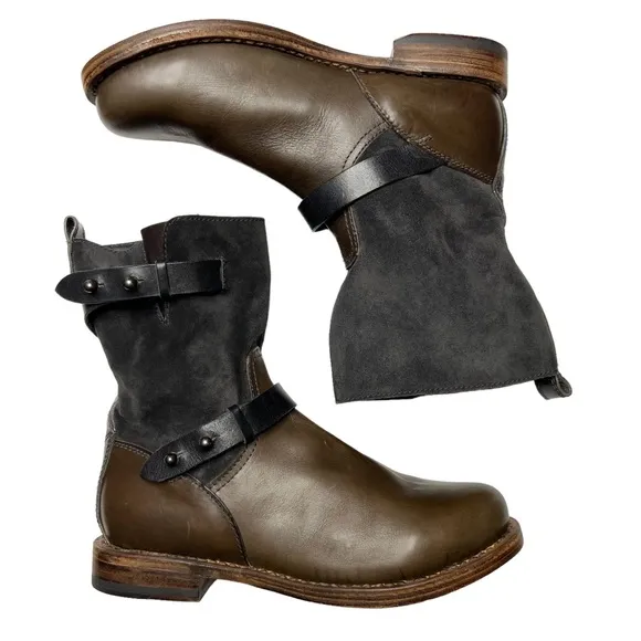RAG AND BONE Two Tone Suede and Smooth Leather Strappy Moto Boots 8.5
