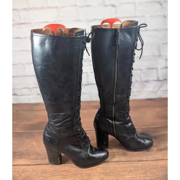 RARE Frye Parker Tall Lace Up Leather Boots  Black Side Zip Size 9M 3479652-BLK