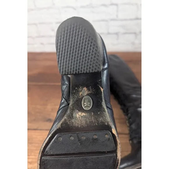 RARE Frye Parker Tall Lace Up Leather Boots  Black Side Zip Size 9M 3479652-BLK