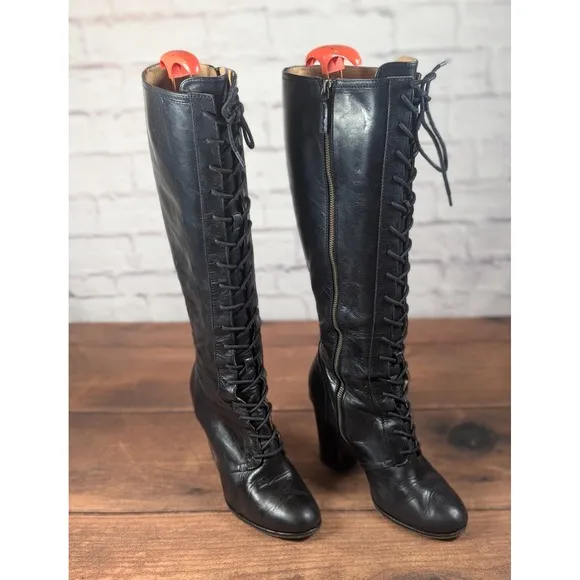 RARE Frye Parker Tall Lace Up Leather Boots  Black Side Zip Size 9M 3479652-BLK
