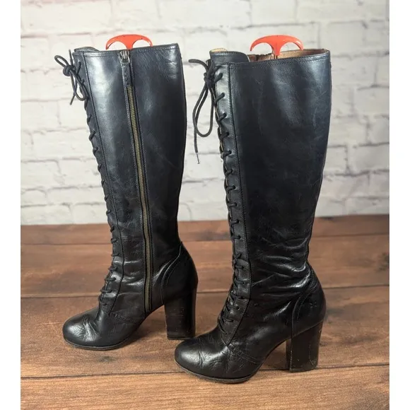 RARE Frye Parker Tall Lace Up Leather Boots  Black Side Zip Size 9M 3479652-BLK