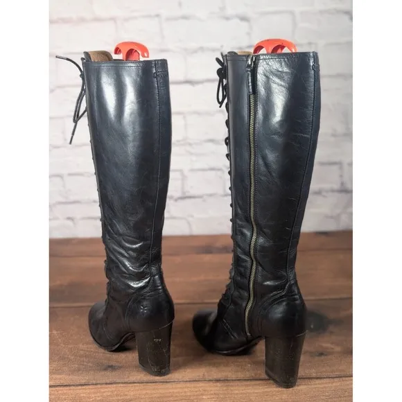 RARE Frye Parker Tall Lace Up Leather Boots  Black Side Zip Size 9M 3479652-BLK