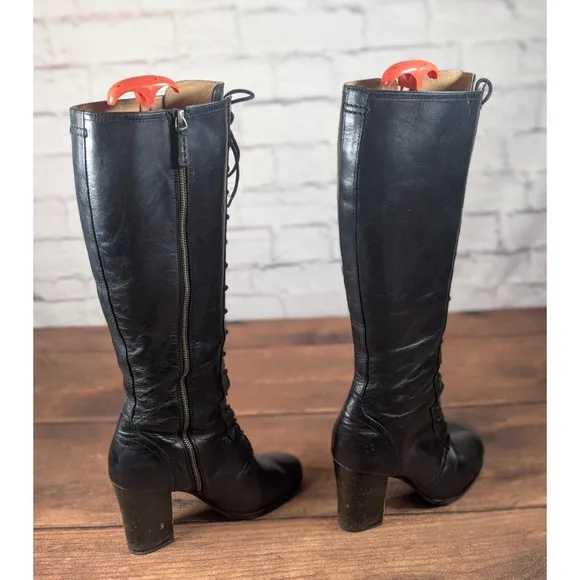 RARE Frye Parker Tall Lace Up Leather Boots  Black Side Zip Size 9M 3479652-BLK