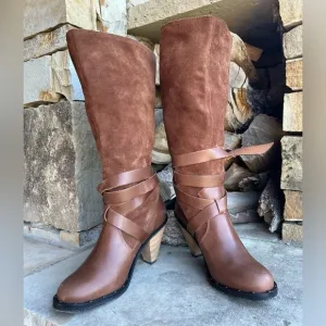Report high heel Flora brown suede leather boots w/wrap straps&amp;cone heel Sz-9. G