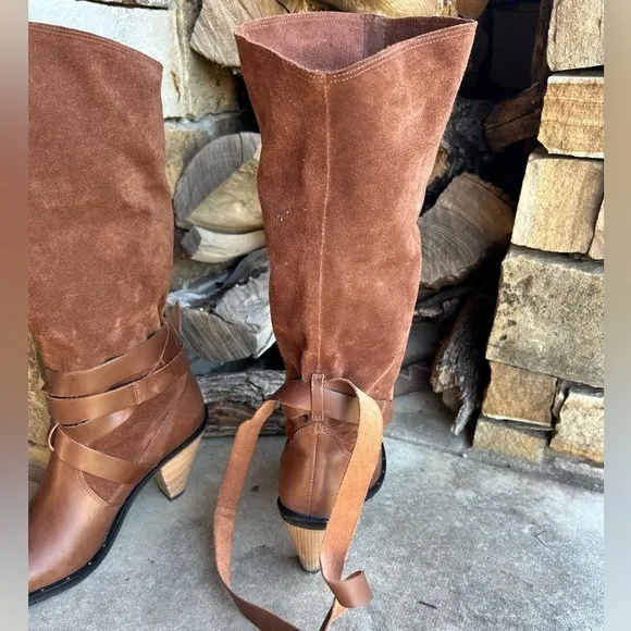 Report high heel Flora brown suede leather boots w/wrap straps&amp;cone heel Sz-9. G