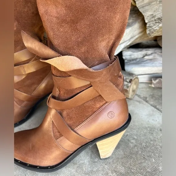Report high heel Flora brown suede leather boots w/wrap straps&amp;cone heel Sz-9. G