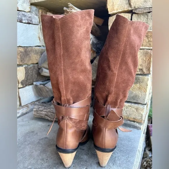 Report high heel Flora brown suede leather boots w/wrap straps&amp;cone heel Sz-9. G