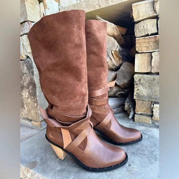 Report high heel Flora brown suede leather boots w/wrap straps&amp;cone heel Sz-9. G