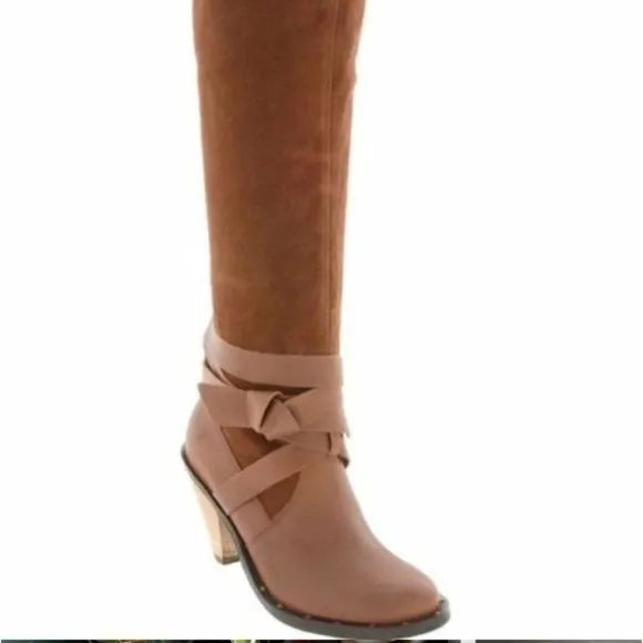Report high heel Flora brown suede leather boots w/wrap straps&amp;cone heel Sz-9. G