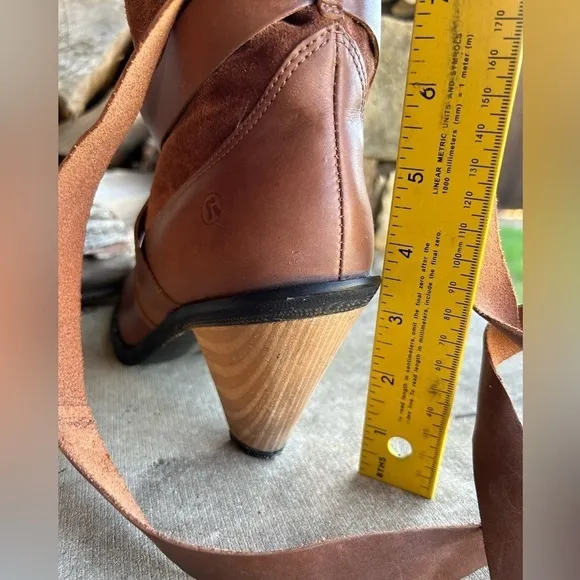 Report high heel Flora brown suede leather boots w/wrap straps&amp;cone heel Sz-9. G