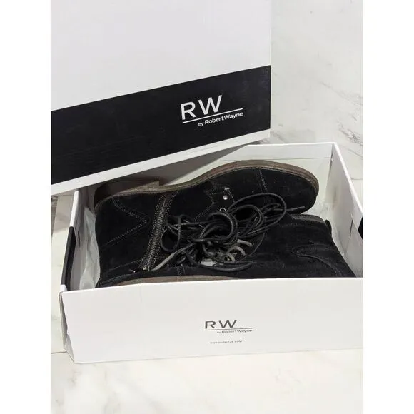 Robert Wayne Men's Black Solid Suede Side Zip Lace Front Ankle Boots Size 10.5