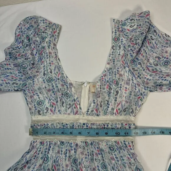 Rococo Sand Floral Lurex Chiffon Mini Dress Blue Multicolor Romantic Petite PP