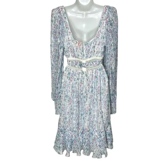 Rococo Sand Floral Lurex Chiffon Mini Dress Blue Multicolor Romantic Petite PP