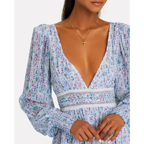 Rococo Sand Floral Lurex Chiffon Mini Dress Blue Multicolor Romantic Petite PP