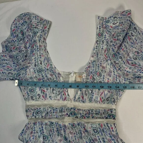 Rococo Sand Floral Lurex Chiffon Mini Dress Blue Multicolor Romantic Petite PP