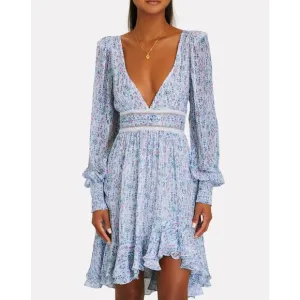 Rococo Sand Floral Lurex Chiffon Mini Dress Blue Multicolor Romantic Petite PP