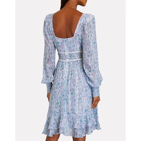 Rococo Sand Floral Lurex Chiffon Mini Dress Blue Multicolor Romantic Petite PP