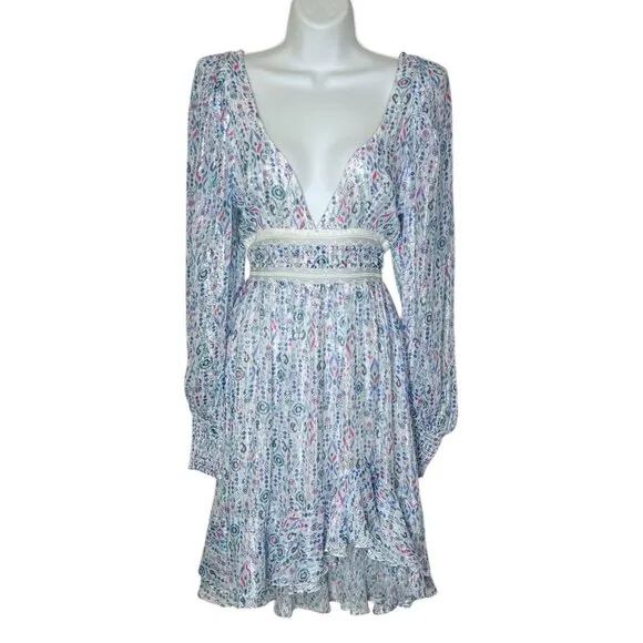 Rococo Sand Floral Lurex Chiffon Mini Dress Blue Multicolor Romantic Petite PP
