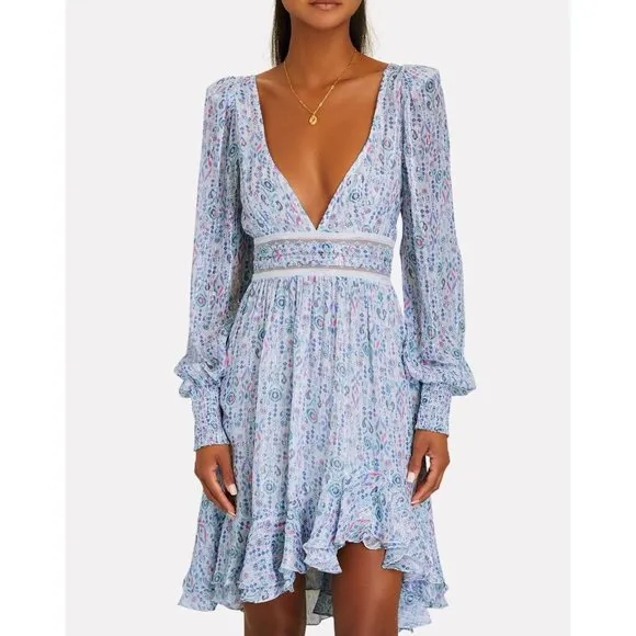 Rococo Sand Floral Lurex Chiffon Mini Dress Blue Multicolor Romantic Petite PP