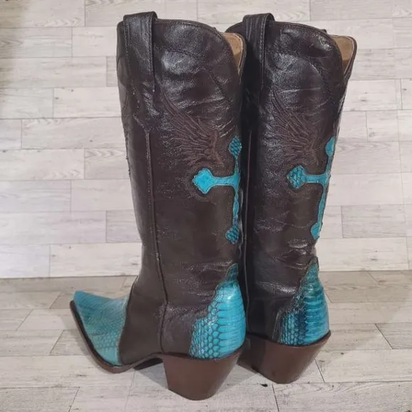 Rogers Boots Turquoise Cobra Snakeskin Brown Leather Rodeo Cowboy Boots Size 7