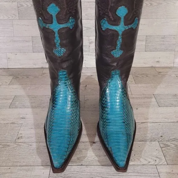 Rogers Boots Turquoise Cobra Snakeskin Brown Leather Rodeo Cowboy Boots Size 7