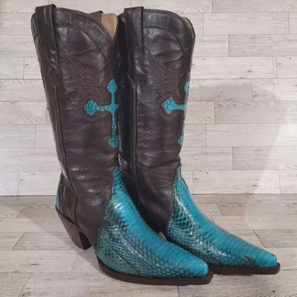 Rogers Boots Turquoise Cobra Snakeskin Brown Leather Rodeo Cowboy Boots Size 7