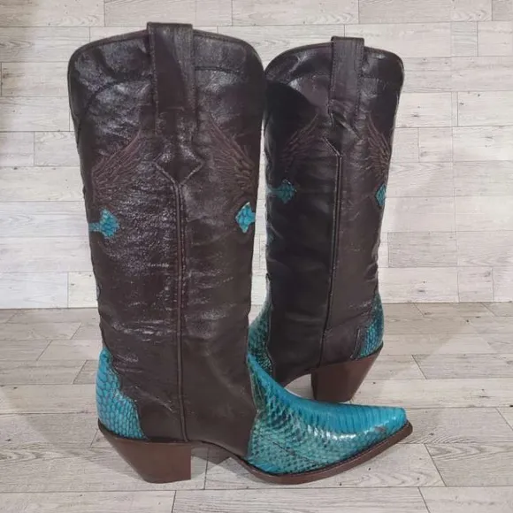 Rogers Boots Turquoise Cobra Snakeskin Brown Leather Rodeo Cowboy Boots Size 7